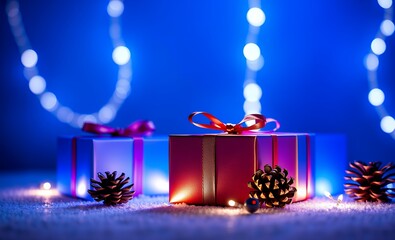 Blue christmas background with gift and cones christmas background christmas holiday background winter decoration celebration