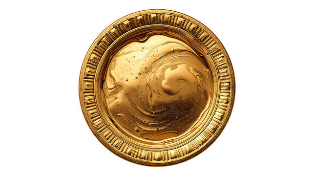 Luxurious liquid gold texture in an ornate circular dish design