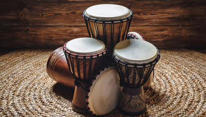 A collection of djembe drums arranged on a textured mat, evoking rhythm, music, and cultural heritage. Use for themes of celebration, drumming, or world music.