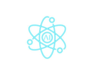 Neon line icon of an atomic orbit with an AI symbol at the center. Futuristic concept representing artificial intelligence, science, and digital innovation. Clean minimal design ideal for tech