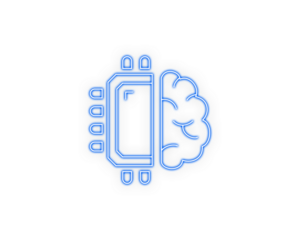 Neon line illustration of a half-brain and half-microchip symbol. Concept design representing artificial intelligence and machine learning synergy. Minimal, clean tech icon ideal for digital
