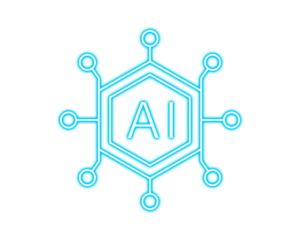 Neon line art of an AI hexagon connected by digital circuit nodes. Futuristic illustration symbolizing artificial intelligence networks. Clean and modern tech concept for innovation design.