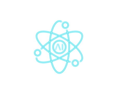 Neon line icon of an atomic orbit with an AI symbol at the center. Futuristic concept representing artificial intelligence, science, and digital innovation. Clean minimal design ideal for tech 