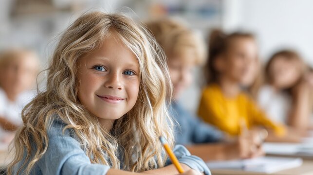 Brightly lit classroom scene shows a happy girl with wavy hair. She looks confidently at the camera while taking notes, surrounded by focused classmates