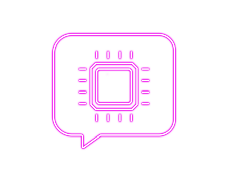 Neon line art of a microchip inside a chat bubble. Modern concept illustrating smart communication and AI-powered messaging. Clean minimal design ideal for technology and innovation themes.