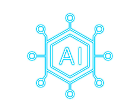 Neon line art of an AI hexagon connected by digital circuit nodes. Futuristic illustration symbolizing artificial intelligence networks. Clean and modern tech concept for innovation design. - Powered by Adobe