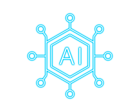 Neon line art of an AI hexagon connected by digital circuit nodes. Futuristic illustration symbolizing artificial intelligence networks. Clean and modern tech concept for innovation design.
