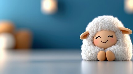 A charming, fluffy cartoon sheep character with a wide, happy smile sits on a reflective surface against a soft blue background. Soft, warm lights are visible i