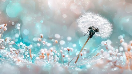 A close-up of a fluffy dandelion seed head with dew drops, set against a dreamy, soft-focus background of bokeh lights in pastel blue and pink hues.
