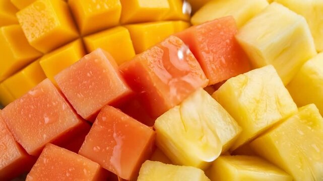 Fresh tropical fruit medley with juicy mango, papaya, and pineapple cubes