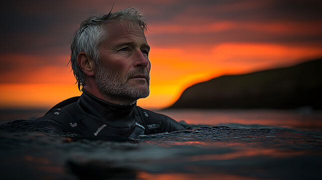 Contemplative older man in wetsuit, partially submerged in ocean at sunset. Dramatic fiery sky reflects on water.  Perfect for themes of reflection, resilience, or the beauty of nature.