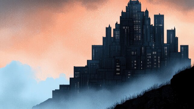 A stylized, dark cityscape silhouette rises dramatically from a thick layer of fog against a gradient sky of orange and pink hues at dusk.