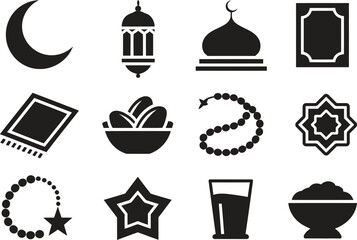 Silhouette Islamic and Cultural Icons Set. Ramadan, Mosque, Prayer, Religious Symbols Vector Illustration