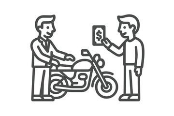 Two people completing a business transaction for the sale of a motorcycle using cash payment