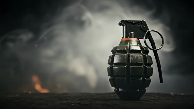 A close-up of a grenade surrounded by smoke, evoking tension.