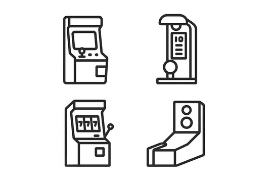 Set of outline icons depicting retro arcade game machines, slot machine, and pinball game