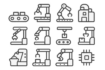 Industrial automation and robotics symbols showing assembly line, conveyor belt, and robotic arms