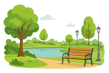 Obraz premium Empty wooden bench situated on a path overlooking a small pond in a public park