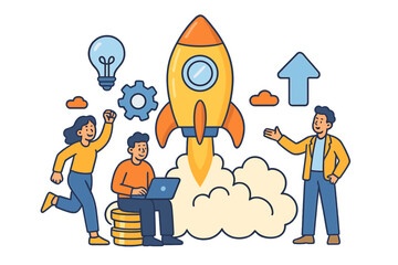 Business team launching startup project symbolized by rocket taking off and lightbulb idea
