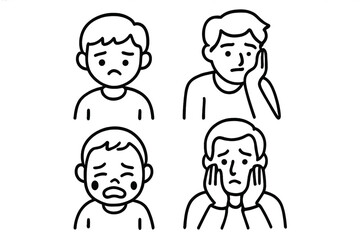 Four simple line art icons showing men experiencing sadness and emotional distress