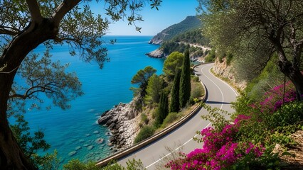 Aerial View of Winding Mediterranean Coast Road and Turquoise Waters