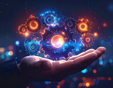 Glowing gears of technology float above a raised hand, bokeh in background