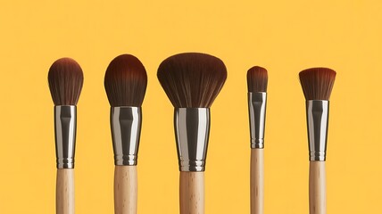 Various makeup brushes on a yellow background beauty and fashion concept