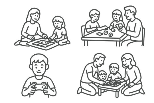 Diverse groups of people playing tabletop games and console video games together