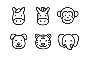Obraz premium Minimalist outline icons set featuring heads of six popular zoo and domestic animals