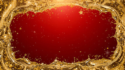 Golden liquid frame with glittering stars on festive red background