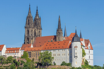 Close up of the Albrechtsburg and the Meissen Cathedral seen from the banks of the Elbe
