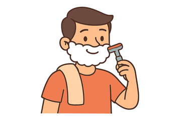 Young man applying shaving cream and using a razor to shave his beard during daily routine