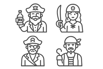 Four pirate character avatars featuring male and female buccaneers with accessories