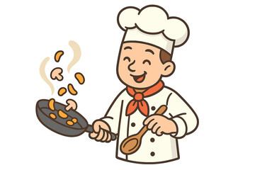 Professional chef smiling while tossing vegetables and mushrooms in a frying pan
