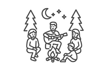 Friends gathered around a campfire in the forest at night playing music under the stars