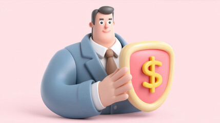 Businessman holding a giant dollar coin with briefcase, 3D render. illustration depicts a businessman with a large dollar coin, symbolizing financial success and wealth.