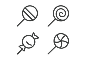 Set of simple outline icons depicting various lollipops and wrapped candies treats