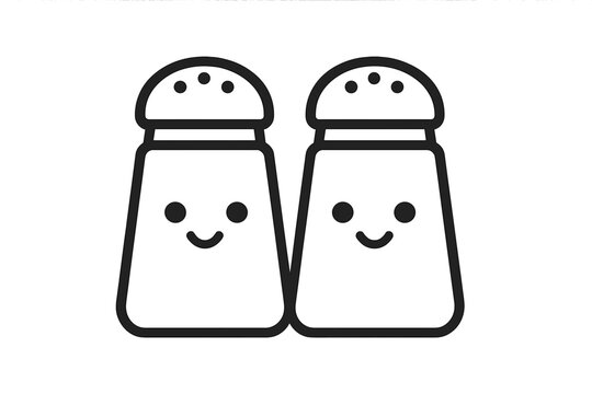 Cute cartoon salt and pepper shakers with happy smiling faces black and white drawing