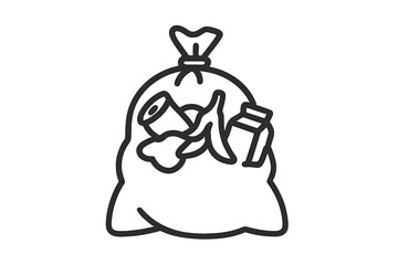 Black and white drawing of a full, tied trash bag containing household waste and organic garbage