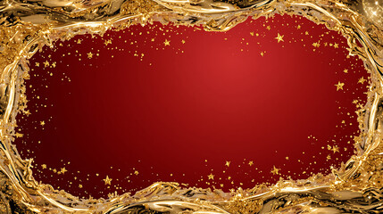 Golden liquid frame with stars on red background, elegant luxury