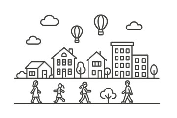 Lively urban street scene featuring residential buildings, trees, and walking people