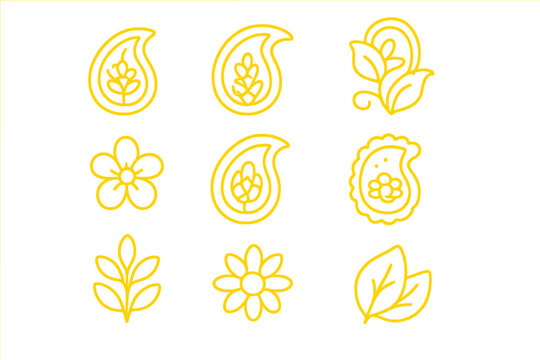 Decorative yellow outline elements featuring traditional paisley shapes and various floral motifs