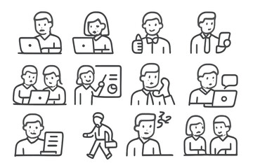 Collection of outline icons showing business people working, presenting, communicating, and expressing various emotions