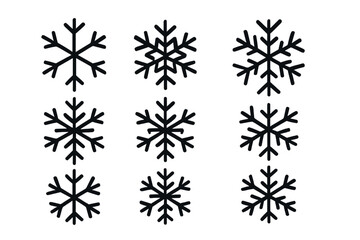 Nine different black snowflake icons collection for winter holiday and weather design elements