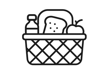Simple black and white graphic of a classic picnic basket filled with bread and a drink bottle
