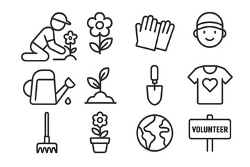 Outline icons for volunteering, gardening, planting, and environmental protection