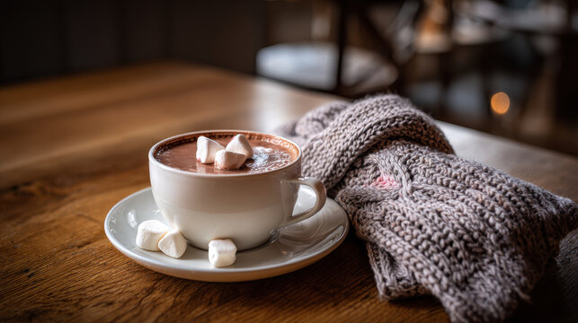 Cozy cup of hot chocolate with marshmallows and a warm knitted scarf. This inviting image evokes feelings of comfort, warmth, and the simple pleasures of a relaxing evening