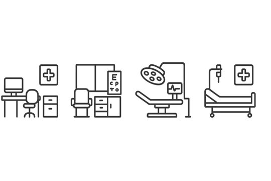 Medical facility rooms and hospital equipment set in a clean line art style