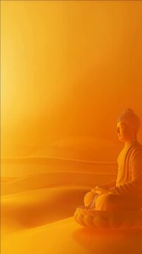 The depicts an Eastern monk in a meditative pose within an aura of golden light, symbolizing enlightenment and spiritual purity.