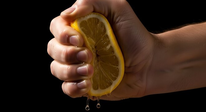 Hand squeezing a juicy lemon slice for fresh juice - Powered by Adobe